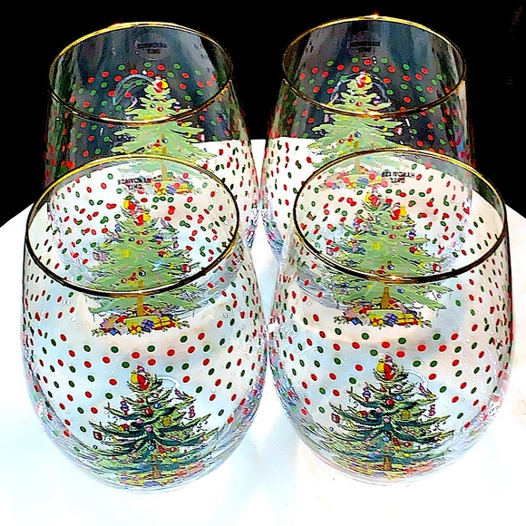 SPODE CHRISTMAS TREE STEMLESS WINE GLASSES SET OF 4 NIB 18 oz - Picture 3 of 8